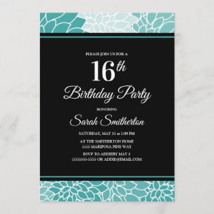 Teal White Floral 16th Birthday Party Invitation