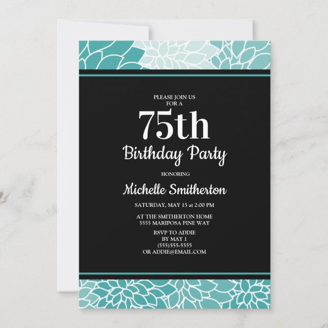Teal White Floral 75th Birthday Party Women Invitation (Front)