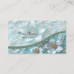 Teal White Floral Business Card