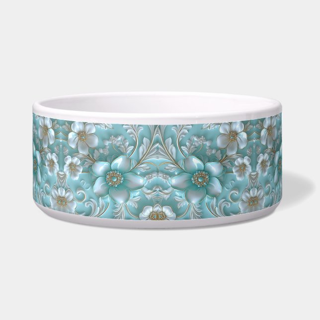Teal White Floral Ceramic Pet Bowl (Front)