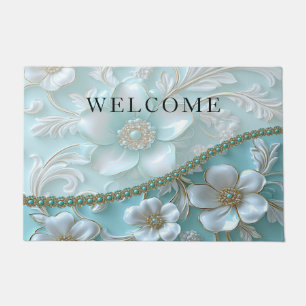 Teal White Floral Doormat