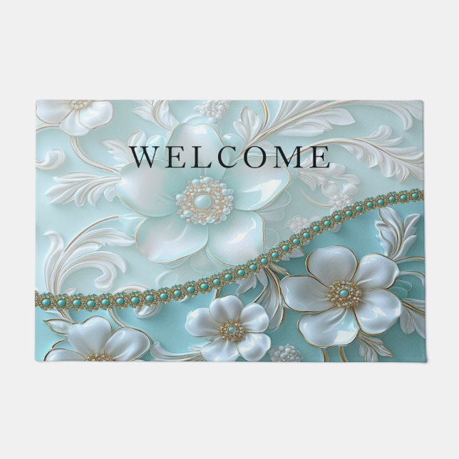 Teal White Floral Doormat (Front)