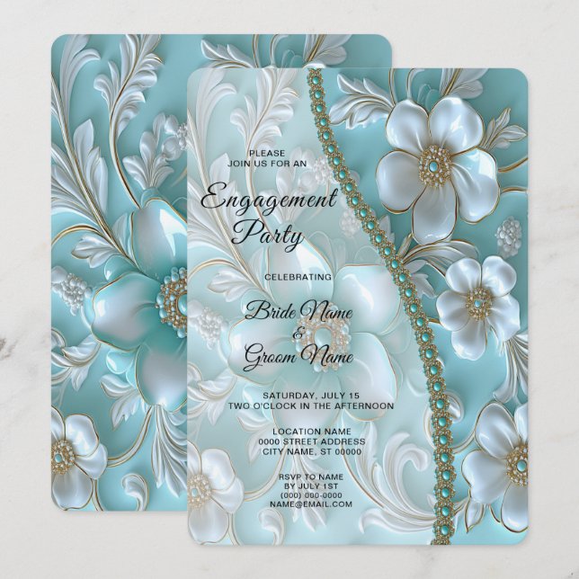 Teal White Floral Engagement Invitation (Front/Back)