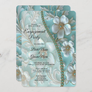 Teal White Floral Engagement Invitation