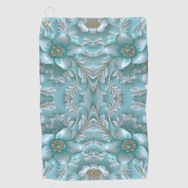 Teal White Floral Golf Towel (Front)
