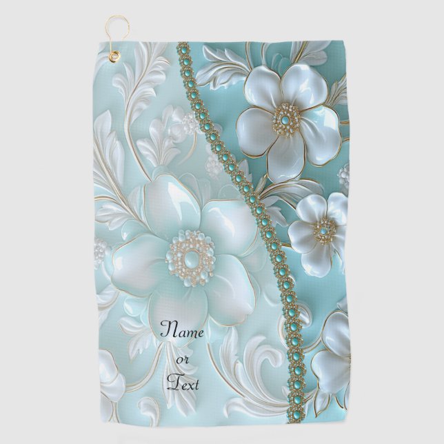Teal White Floral Golf Towel (Front)