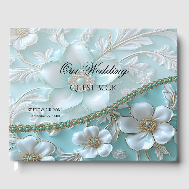 Teal White Floral Guest Book (Front)