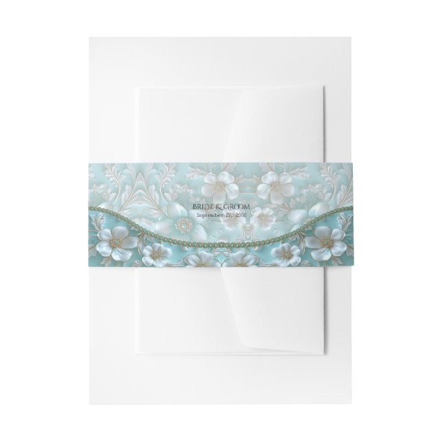 Teal White Floral Invitation Belly Band (Front Example)