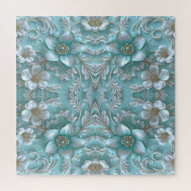 Teal White Floral Jigsaw Puzzle (Vertical)