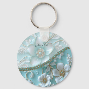 Teal White Floral Keychain