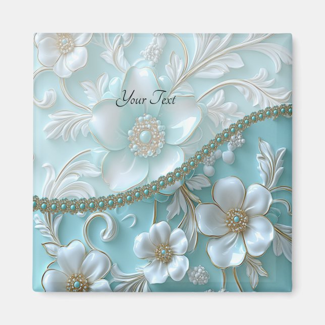 Teal White Floral Magnet (Front)