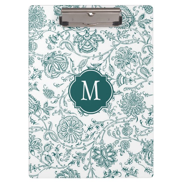 Teal & White Floral Monogram Clipboard (Front)