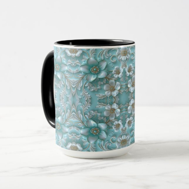 Teal White Floral Mug (Front Left)