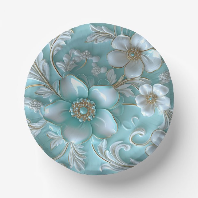 Teal White Floral Paper Bowls Paper Plate (Front)
