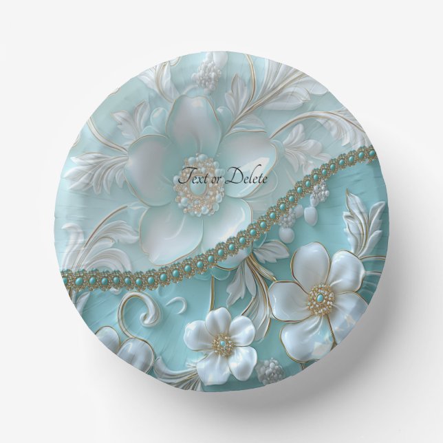 Teal White Floral Paper Bowls Paper Plate (Front)