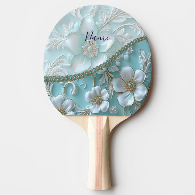 Teal White Floral Ping Pong Paddle (Front)