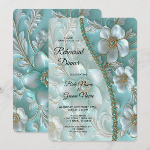 Teal White Floral Rehearsal Dinner Invitation