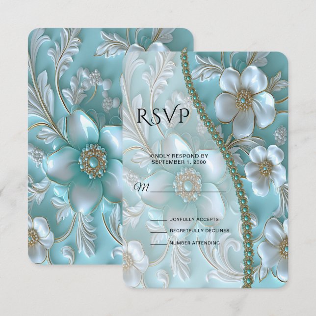 Teal White Floral RSVP Card (Front/Back)