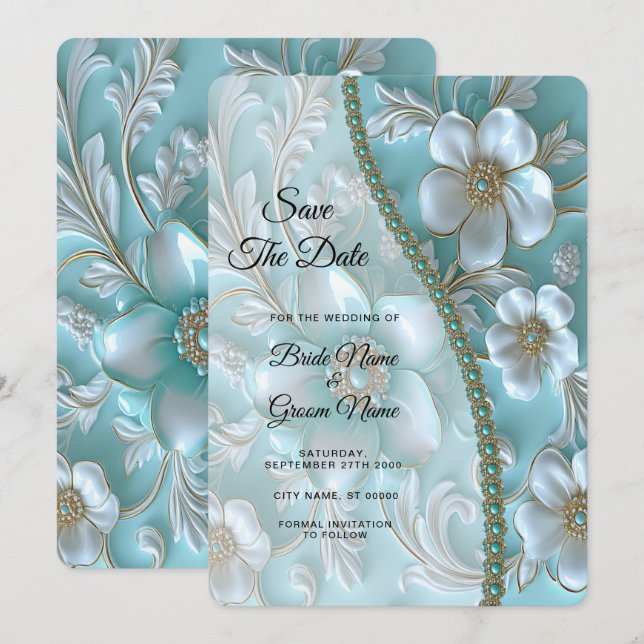 Teal White Floral Save The Date (Front/Back)