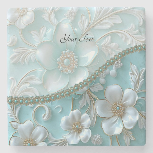 Teal White Floral Stone Coaster (Front)