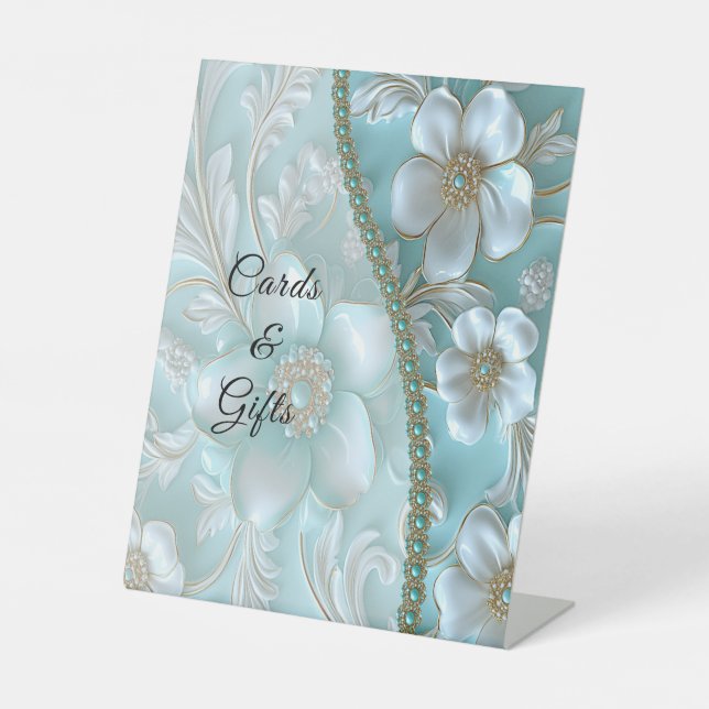Teal White Floral Tabletop Signs (Front)