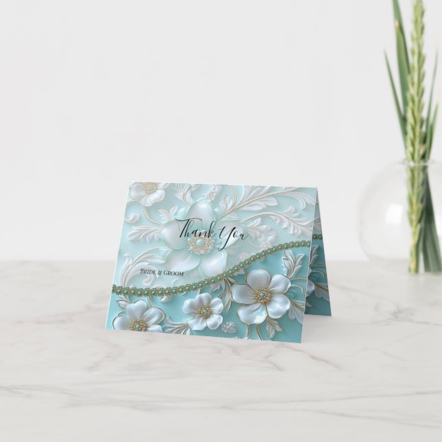 Teal White Floral Thank You Card (Front)