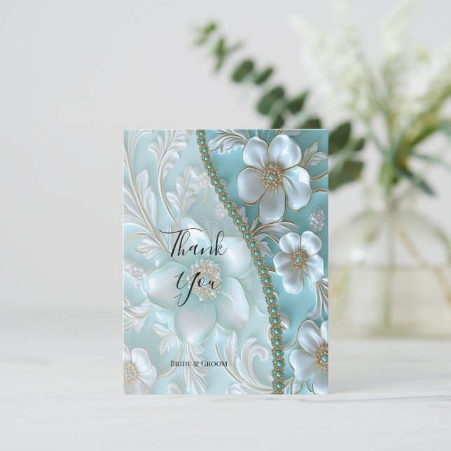 Teal White Floral Thank You Card (Standing Front)