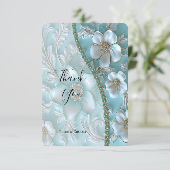Teal White Floral Thank You Card (Standing Front)