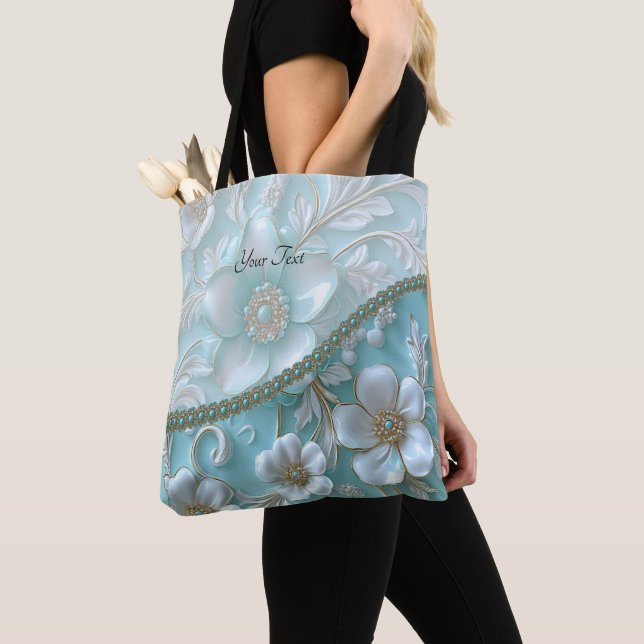 Teal White Floral Tote Bag (Close Up)