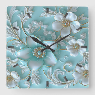 Teal White Floral Wall Clock