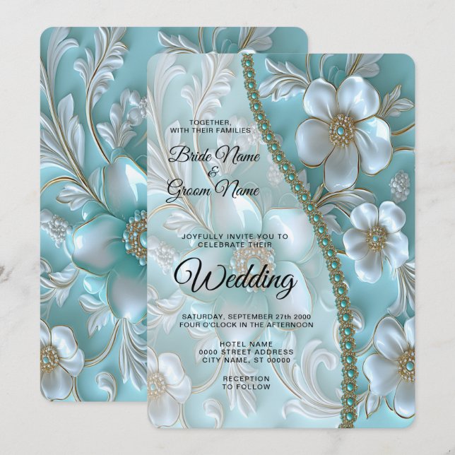 Teal White Floral Wedding Invitation (Front/Back)