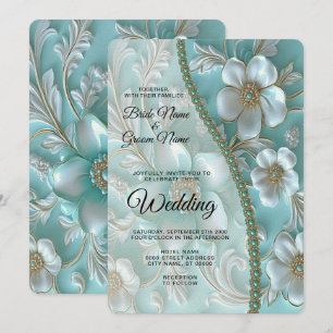 Teal White Floral Wedding Invitation