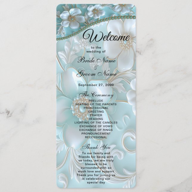 Teal White Floral Wedding Program Programme (Front)