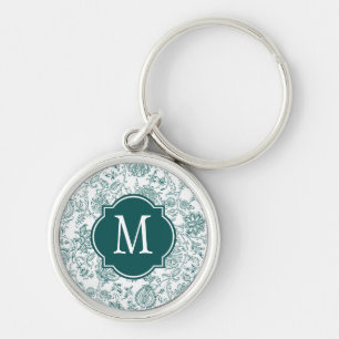 Teal & White Flower Pattern Monogram Key Ring