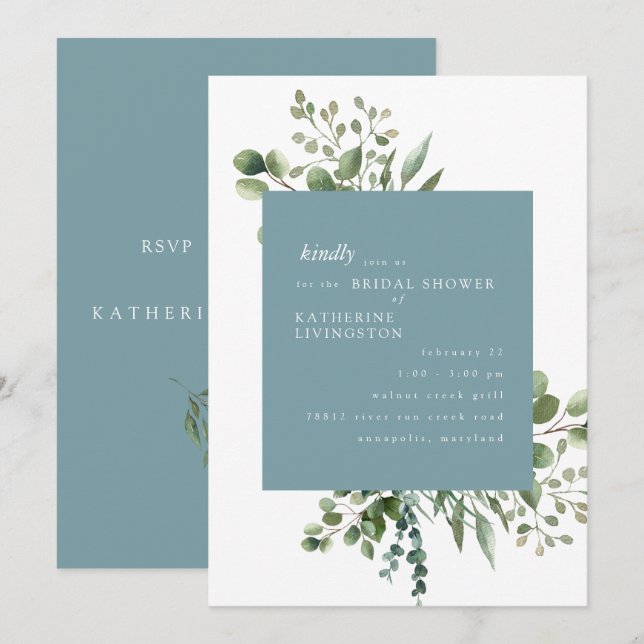 Teal & White Foliage Bridal Shower Invitation (Front/Back)