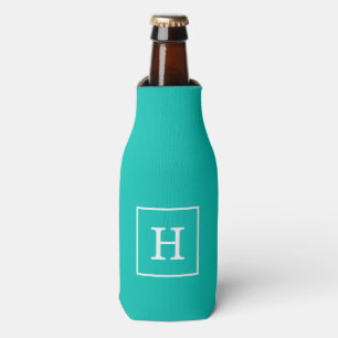 Teal White Framed Initial Monogram Bottle Cooler