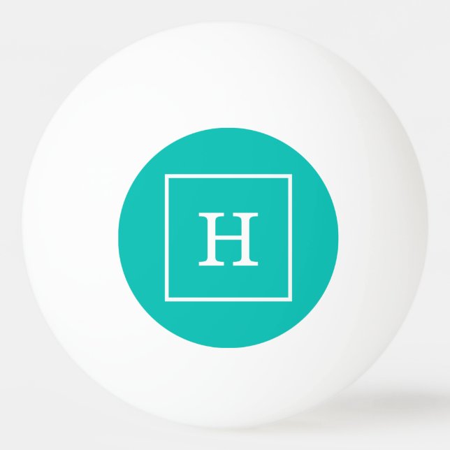 Teal White Framed Initial Monogram Ping Pong Ball (Front)