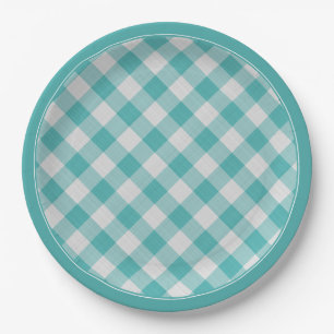 Teal/White Gingham Checks Pattern Simple Plaid Paper Plate
