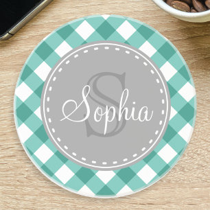 Teal White Gingham Plaid Pattern Monogram Coaster