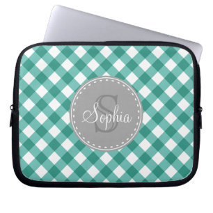 Teal White Gingham Plaid Pattern Monogram Laptop Sleeve