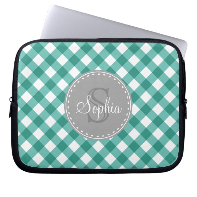 Teal White Gingham Plaid Pattern Monogram Laptop Sleeve (Front)