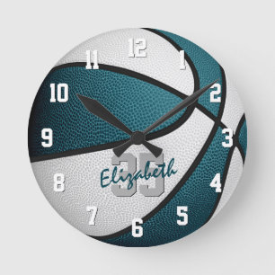 teal white girls boys basketball personalised round clock