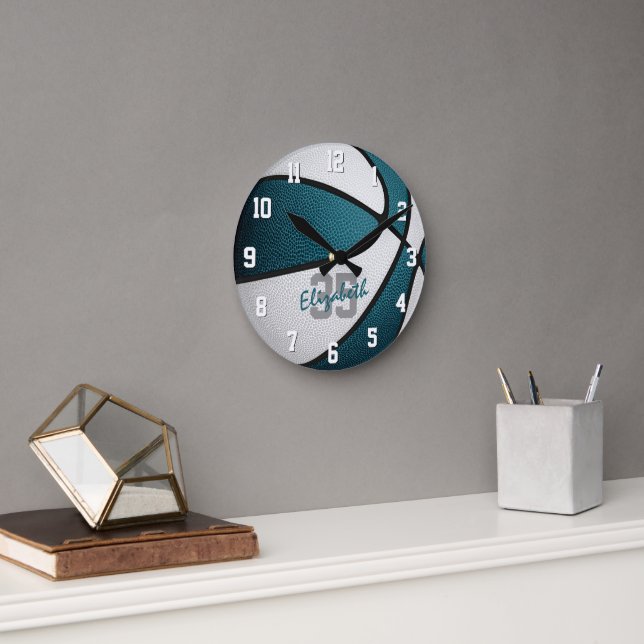 teal white girls boys basketball personalised round clock (Office)