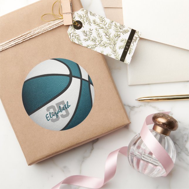 teal white girls boys basketball team colours classic round sticker (Gifting)