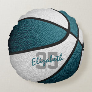teal white girls boys sporty basketball round cushion