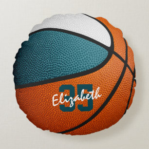 teal white girls sports personalised basketball round cushion