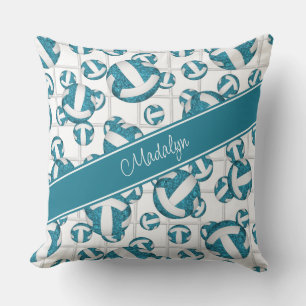 Teal white girly volleyballs pattern net accent cushion