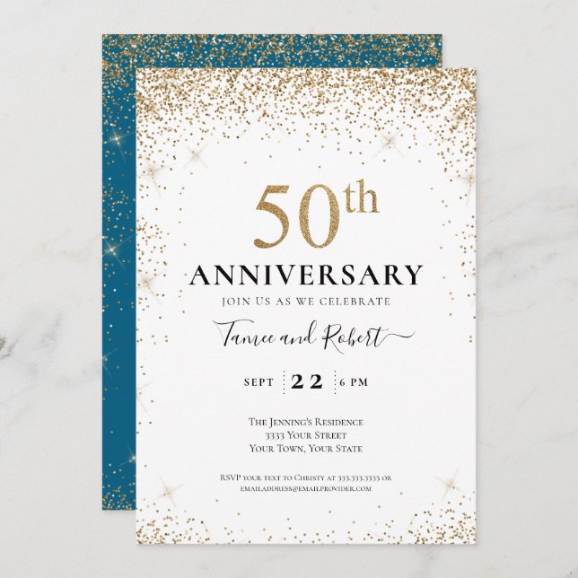 Teal White Gold 50th Wedding Anniversary  Invitation (Front/Back)