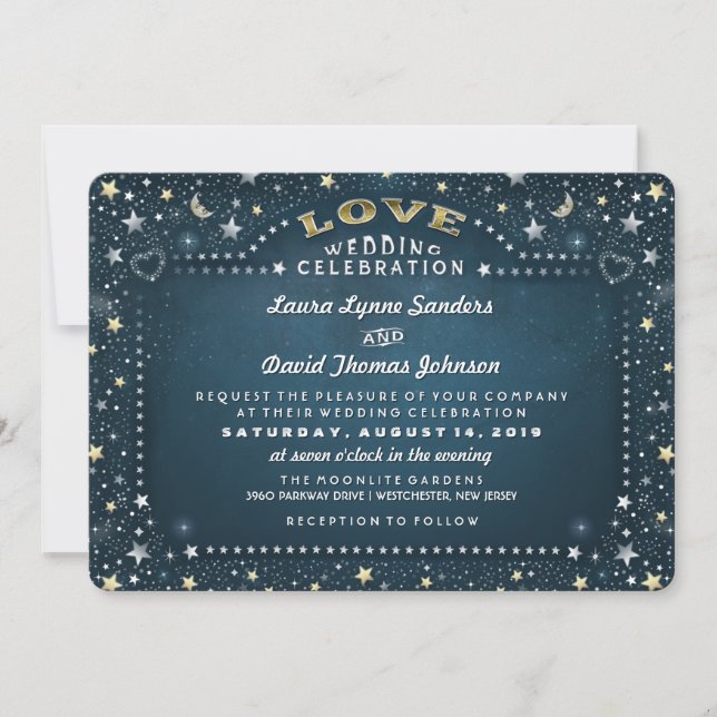 Teal White & Gold Moon & Stars Love Wedding Invitation (Front)