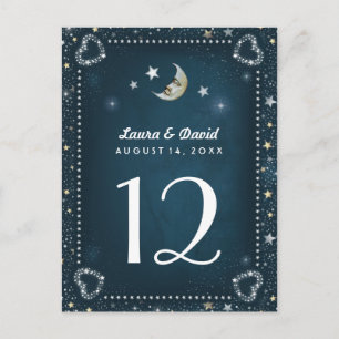 Teal White & Gold Moon & Stars Table Number Cards